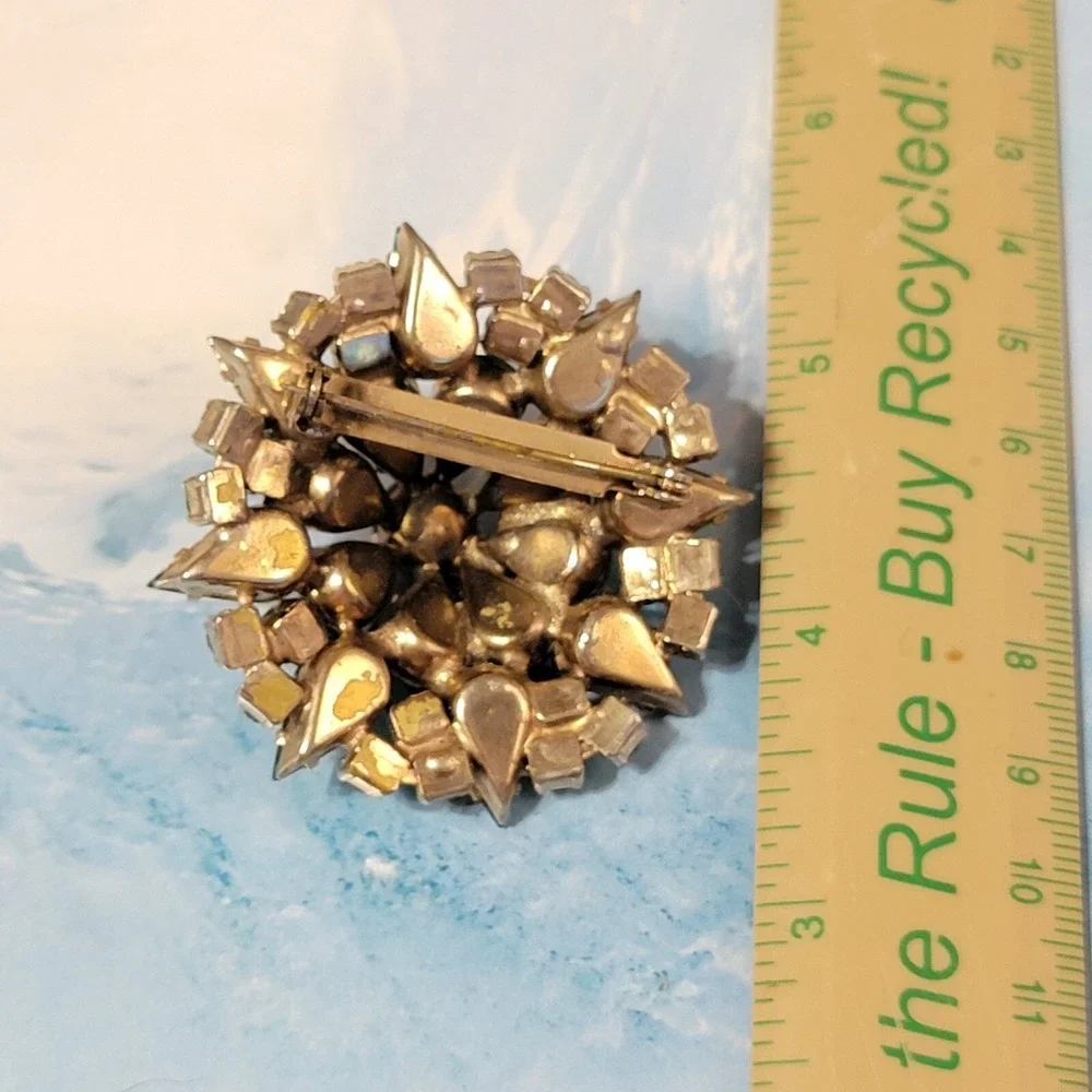 Vintage Large Green Rhinestone Brooch Pin, Mid-Century Layered Sparkly Glass